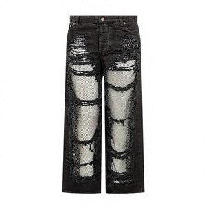 Men's Distressed Wide Leg Jeans High Waist Plus Size Loose Fit Ripped Denim Pants <b>Punk</b> Style Solid Color Cotton Material - Product Image 1