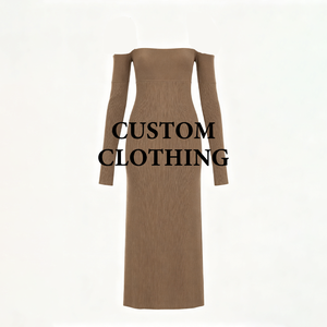 Abbigliamento Femminile Personalizzato OEM, Abiti da Donna Aderenti <span class=keywords><strong>con</strong></span> Spalle Scoperte, <span class=keywords><strong>Spacco</strong></span> Laterale, <span class=keywords><strong>in</strong></span> <span class=keywords><strong>Maglia</strong></span> a Coste, Lunghezza Midi, Taglie Plus - Product Image 1
