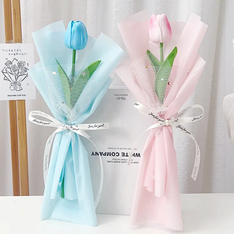 Christmas Valentines Day Gift Single PE Tulip Simulation Artificial Flower Tulip Bouquet Ornament Gifts For Mom Women
