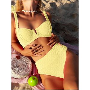 Conjunto de Bikini de Cintura Alta Personalizado para Mujer, con Tirantes, Texturizado, Elástico, Traje de Baño de 2 Piezas para Verano - Product Image 5