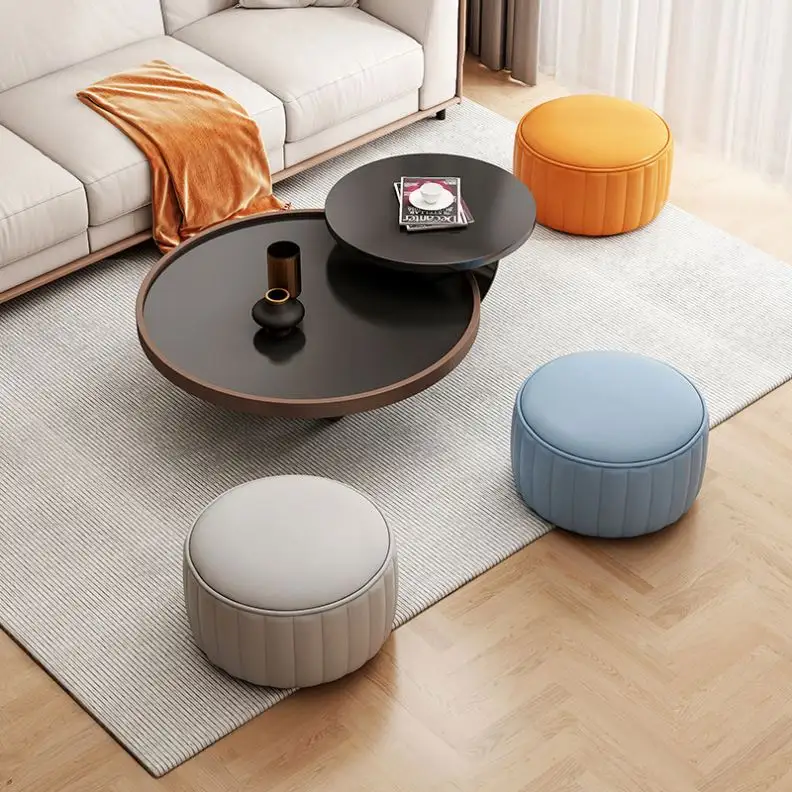Taburete de PUF otomano de alta calidad de cuero rosa para sala de estar moderno personalizado DZ01, taburetes redondos de madera, muebles para el hogar