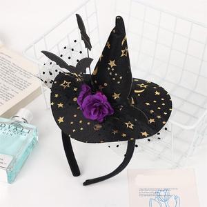 Chapeau de sorcière noire bandeau d'halloween avec chauve-souris Rose lune et étoile motif fantaisie pièce de <span class=keywords><strong>tête</strong></span> pour adulte enfants fête carnaval - Product Image 6