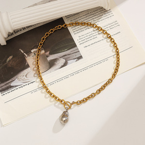 Collier en acier inoxydable avec pendentif perle baroque plaqué or 18 carats, fermoir OT, bijoux de mode pour les loisirs - Product Image 3