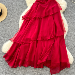 Nuovo vestito estivo con cinturino a vita alta donna vestito da sera elegante Sexy femminile irregolare in Chiffon rosso - Product Image 3