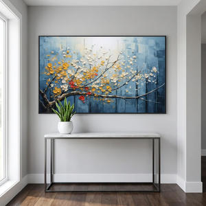 Peinture à l'huile abstraite minimaliste bleue texturée florale peinte à la main sur toile, grande œuvre d'art murale à suspendre avec cadre en aluminium - Product Image 6