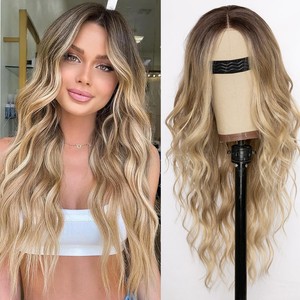 Perruques Lace Front 13x4 pour femmes, longues, ondulées, ombrées blond cendré avec racines foncées, raie au milieu, pour cosplay - Product Image 5