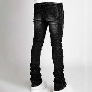 بنطلون جينز رجالي ضيق باللون الأزرق مطاطي ومزين باللؤلؤ من RNSHANGER، بنطلون دينم مكدس بتصميم عصري مزين بأحجار الراين مناسب لأزياء الشارع ويعبر عن الشخصية للرجال - Product Image 5