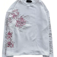 T-shirt unisexe à manches longues en maille gaufrée, style streetwear américain tendance, imprimé floral et lettres, col rond, décontracté, vente en gros