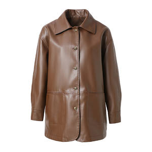 Nuova venuta <span class=keywords><strong>camicia</strong></span> da donna <span class=keywords><strong>giacca</strong></span> di pelle sintetica <span class=keywords><strong>giacca</strong></span> di mezza lunghezza marrone donna cappotto in finta pelle con bottoni - Product Image 1
