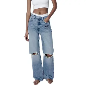 SMO benutzer definierte hochwertige Jeans Hersteller Frauen lässige zweifarbige zerrissene hoch taillierte Jeans mit weiten Beinen für Frauen