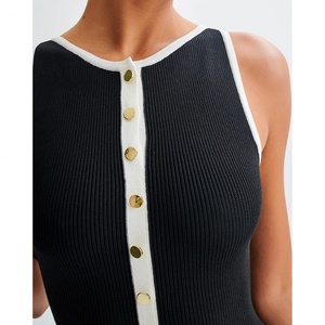 Vente en gros de robes en tricot de laine pour femmes, personnalisables, de haute qualité, noires, élégantes, sans manches, col rond, boutonnées avec des poches - Product Image 5