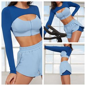 YNSEA Tuta Sportiva da <span class=keywords><strong>Donna</strong></span> Due Pezzi con Maniche Lunghe e Dettaglio Sexy Traforato, <span class=keywords><strong>Pantaloncini</strong></span> con Zip Frontale a Contrasto di Colore, Abbigliamento per Corsa, Palestra e Danza - Product Image 5