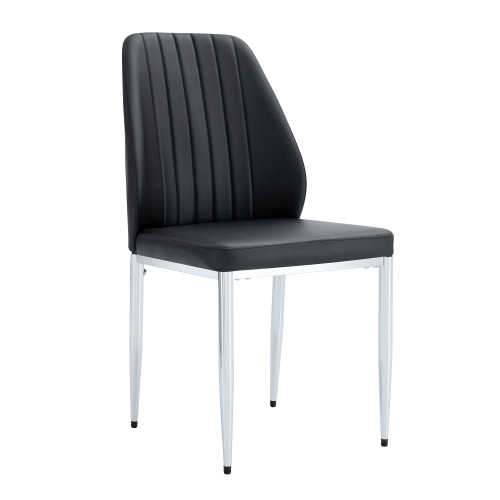 Set Four Comfortable Black PU Dining Chairs Extended Backrest Silver Metal Legs for Various Indoor Spaces Including Family