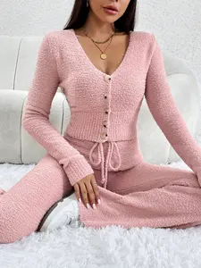 Damen gestrickter flauschiger Pullover V-Ausschnitt und breitere Hosen sexy Stil solide Farbe 2024 Luxus-Dosen-Zwei-Teile-Pullover-Set