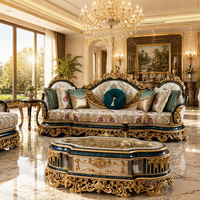 Canapé combiné en bois massif sculpté de style français, de luxe, en forme d'arc, style européen, pour salon, avec couronne en feuille d'or, tissu haut de gamme