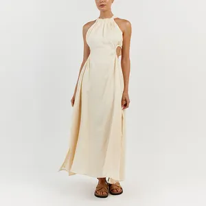 2023 New Summer Custom Ladies Strapless Halter Neck Sleeveless Casual Linen Maxi Dress For Women