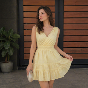 Wholesale Women Summer Cotton Bohemian Elegant V-Neck Sleeveless <b>Ruffled</b> Casual Daily Wear Yellow Mini High Waist <b>Dress</b> - Product Image 1