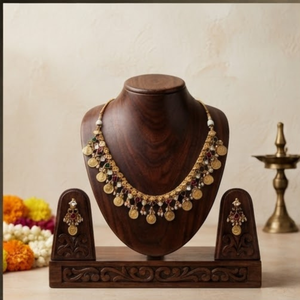 Gold Coin <b>Necklace</b> and Earring Set <b>Ruby</b> Emerald Pearl Drop Jewelry Match Wedding Party Gift for Women - Product Image 4
