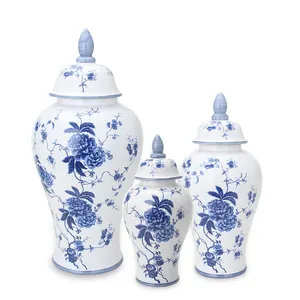 J230B 골동품 중국 생강 항아리 파란색과 흰색 꽃병 장식 도자기 꽃 바닥 꽃병 가정 장식