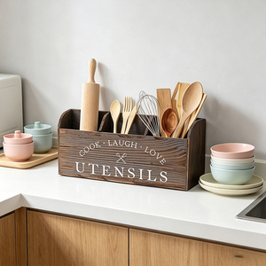 Portautensili da Cucina <span class=keywords><strong>in</strong></span> <span class=keywords><strong>Legno</strong></span> Stile Rustico a 3 Scomparti con Manico per Piano di Lavoro - Product Image 1
