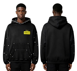 Hoodie streetwear personnalisé en coton épais, coupe courte et carrée, avec doubles poches, effet délavé, orné de strass, de perles et de pierres. - Product Image 2