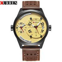 Montre CURREN 8252 à mouvement à quartz tendance, bracelet en cuir, double heure, calendrier, analogique, pour homme, design de créateur