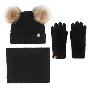 Enfants Filles Garçons Hiver Solide Rose Violet Épais Motif Fourrure Doublé Double Fausse Fourrure Pompon Bonnet Écharpe Gants Ensemble 3 Pack <span class=keywords><strong>Snood</strong></span> - Product Image 6