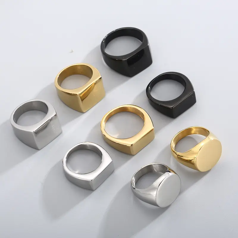 Kalen Wholesale Jewelry Finger Rings Black 18K Gold Plated Stainless Steel Custom Logo Engraved Geometric Signet Ring For Men