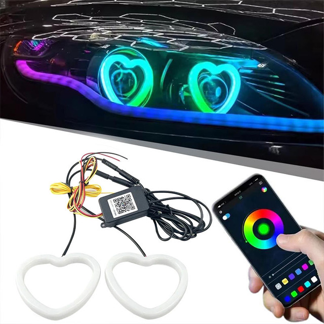 New 3.5inch Controlled White Amber RGB 7 Color LED 12V Mobile APP Car Headlight Fog/DRL Angel Eyes Halo Rings Daytime Running