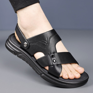 Sandalias de Cuero para Hombre, Punta Abierta, Suela de Goma, Entresuela de EVA, Chanclas de Playa de Verano, Color Sólido, Cómodas y Casuales - Product Image 2