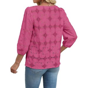 FOXA เสื้อเบลาส์ผู้หญิงแขน 3/4 ลูกไม้พิมพ์ลายดอกไม้ลำลองสีชมพูร้อนแรง - Product Image 5