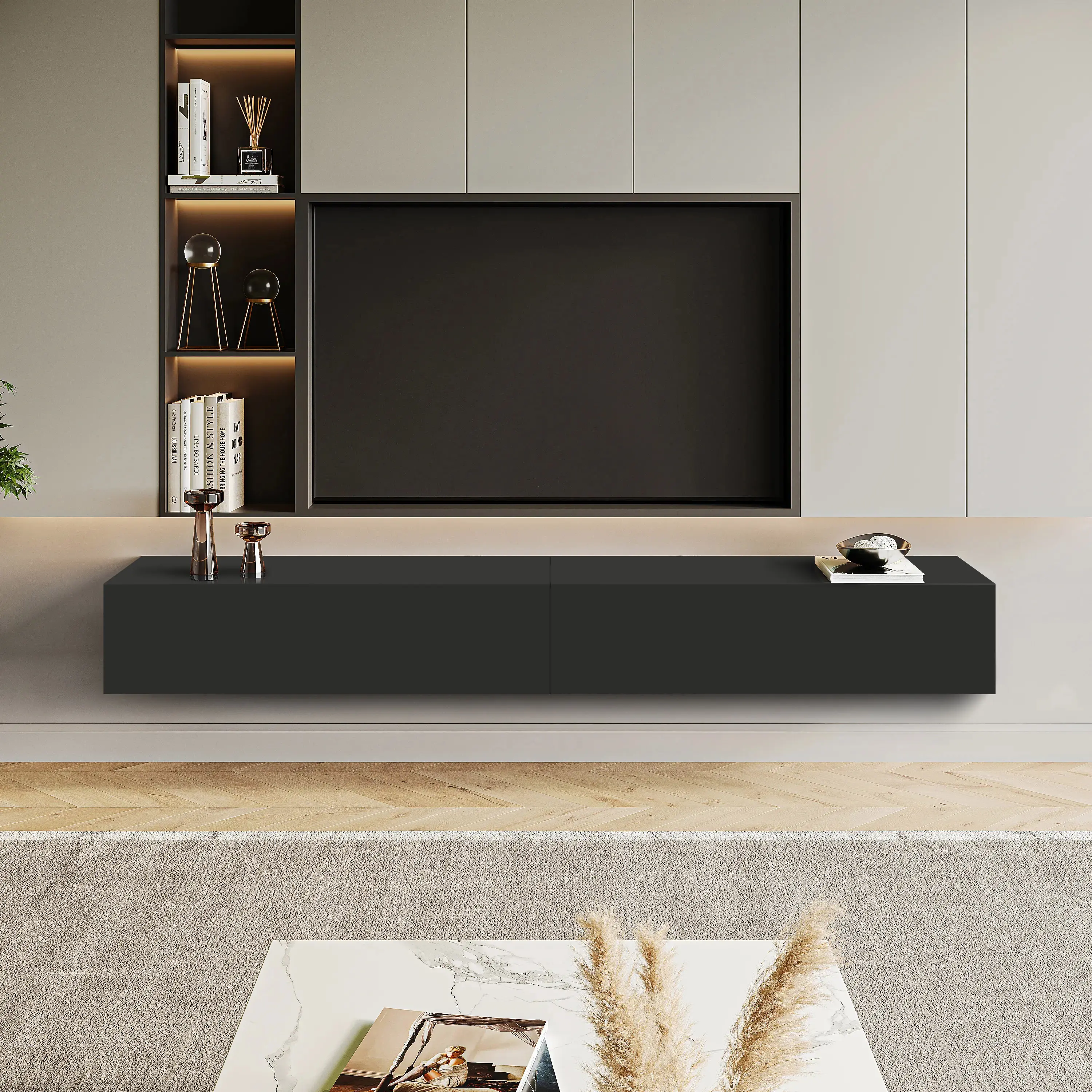 Modern Simple Floating TV cabinet Wall mounted TV stand with storage sections for living room