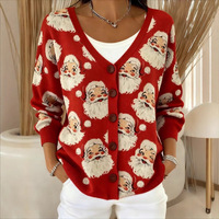 Damen Weihnachts-Strickjacke mit Weihnachtsmann-Gesichtsmuster, Langarm, Knopfleiste, Hochwertige OEM-Großhandelsware
