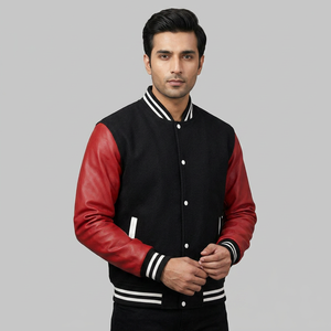 Blouson universitaire personnalisé pour homme, chaud, en laine, avec manches en cuir, col à capuche, broderie décorative, taille XL, coupe longue - Product Image 1
