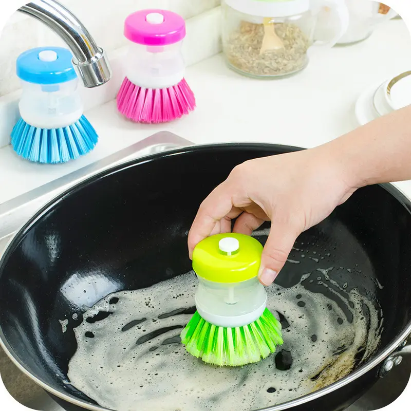 Brosse de lavage liquide ronde en plastique avec presse brosse de lavage liquide automatique brosses magiques de nettoyage de cuisine