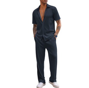 Conjunto de <span class=keywords><strong>2</strong></span> Piezas para Hombre, Camisa Casual de Manga Corta con Botones, Pantalones Holgados de Playa para Verano - Product Image 1