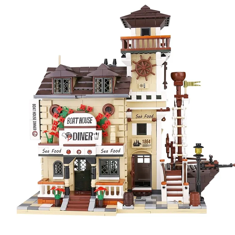 PG-12003 Street View Houseboat Diner Restaurant Model DIY Toy for Child High Standard Quality Brick House Toy Building Blocks