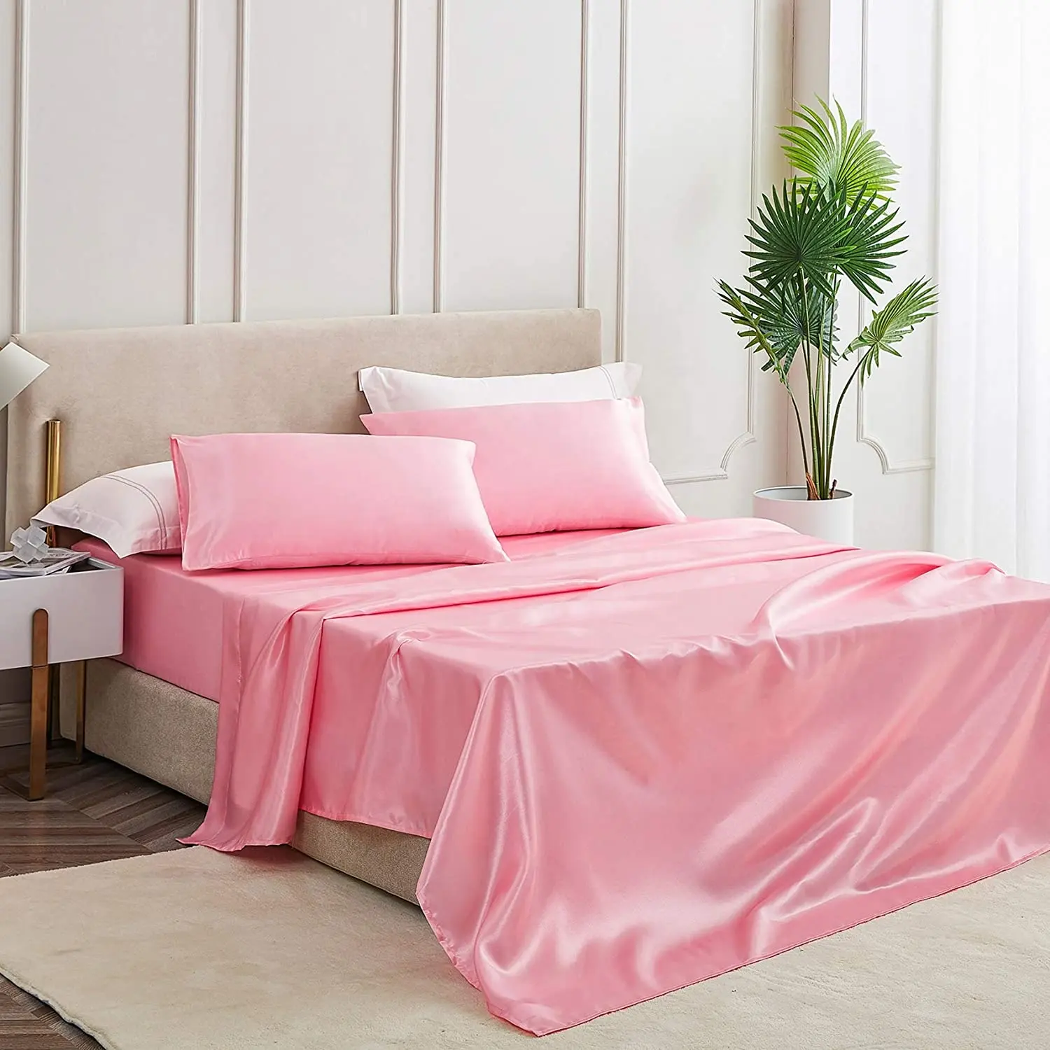 Factory OEM Hot Sale luxury pink color smooth natural cooling 100% silk satin bedding cover set queen size bed sheets