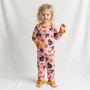 Conjunto de Pijama Casual Ecológico sin Mangas Rosa con Estampado de Ciervo y Calabaza para Niñas, Ropa de Dormir Cómoda de Spandex/Poliéster - Product Image 1