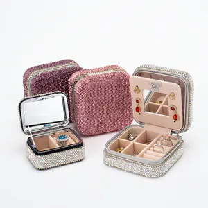 Gratis Sample Fancy Glitter Kleine Sieraden Organizer Kettingen Ringen Oorbellen Ketting Storage Case Met Diamond Reizen Sieraden Doos