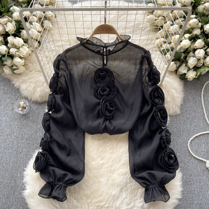 HANOU轻奢华女孩风格灯笼袖衬衫女式纱布立体花朵宽松设计衬衫 - Product Image 2