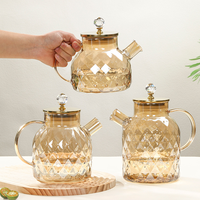 Théière en verre ambré avec couvercle doré, infuseur à thé en borosilicate à motif diamant, résistante à la chaleur, vaisselle à thé de luxe
