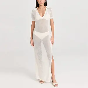 Knitwear Manufacturer Custom Spring Summer White Polo Neck Short Sleeve Women Knit Sweater Cotton Beach Dress