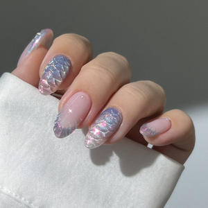 Ongles à presser pleine couverture <span class=keywords><strong>effet</strong></span> vague océanique dégradé rose et bleu, <span class=keywords><strong>sirène</strong></span> aurore avec décoration de perles - Product Image 1