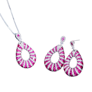 סט תכשיטים לחתונה בציפוי רודיום כסוף הכולל תליון ועגילים בצורת טיפת מים משובצים זירקוניה קובית אדומה פוקסיה במרקם מיקרו-פאווה מעולה - Product Image 1