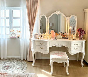 Table de toilette européenne directement de l'usine avec miroir triple, coiffeuse sculptée ornée avec tabouret pour chambre à coucher - Product Image 5