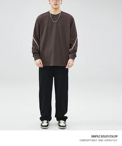 เสื้อยืดคอกลมแขนยาวผ้าฝ้ายแท้สำหรับผู้ชายเสื้อยืดคอกลมทรงหลวม - Product Image 3