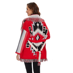 <span class=keywords><strong>Cardigan</strong></span> Invernale Boho con Motivi Geometrici Jacquard, Oversize, Maniche Lunghe, Colletto con Nappine Vintage, <span class=keywords><strong>Rosso</strong></span> - Product Image 3