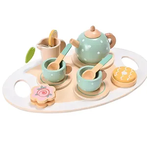 TS 15pcs Wooden Afternoon Tea Toys Pretend Play Kitchen Accessories Food Play set For Kids Tea Party