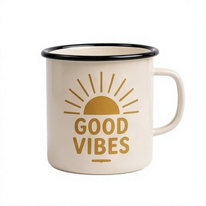 Custom <b>Camp</b> <b>Mug</b> Positive Energy Sun Icon Typography Design Off White Enamelware Bulk B2B Manufacturer Sourcing Hub Network - Product Image 1